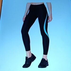 NEW AURIQUE HIGH RISE WOMEN'S LEGGINGS BLACK/TURQUOISE SMALL‎